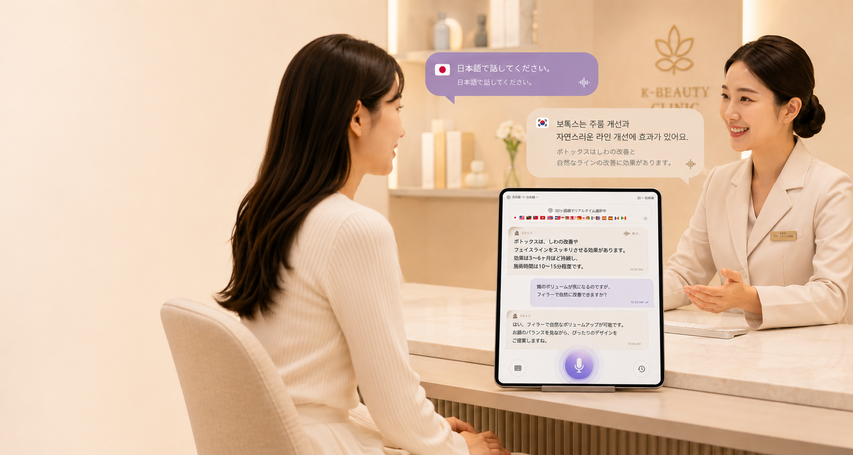 강남 성형외과에서 외국인 환자와 한국인 의료진이 STRA Clinic AI 통역으로 상담하는 모습